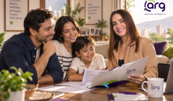 Asesora de ARG conversando con una familia colombiana sobre seguros y planificación financiera en su hogar.