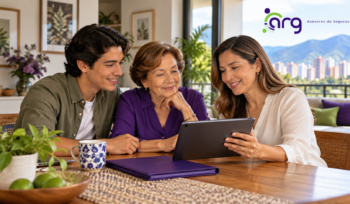 Tres familiares conversan alrededor de una mesa con una carpeta cerrada y una tableta