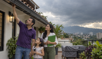 Familia revisa el exterior de su vivienda antes de la temporada de lluvias