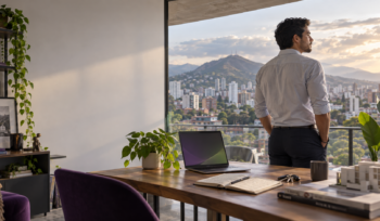Profesional observa la ciudad desde su oficina mientras reflexiona sobre sus proyectos y su futuro